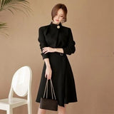 Belted Dress Women Spring Autumn Elegant Vantage Long-Sleeve Office Lady Vestido Clothing Robe