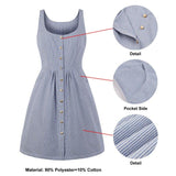 Summer Casual Striped Tank Button Up Sleeveless Pocket Side Blue A Line Short Dress