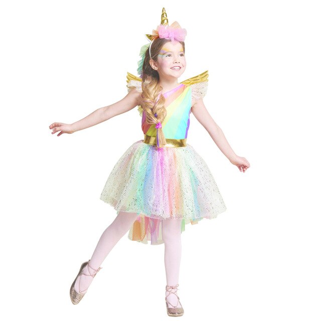 Deluxe Kids Girls Rainbow Unicorn Costume for Girl Halloween Cute birthday gift Carnival Party Dress Costumes