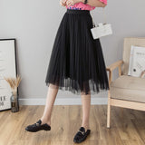 Midi Pleated Black Pink Tulle Skirt Women Spring Summer Korean Elastic High Waist Mesh Skirt