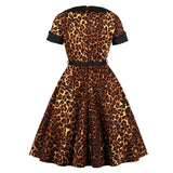 Square Collar Elegant Leopard Animal Print Belted Cotton Tunic Retro Rockabilly Party Vintage Dress