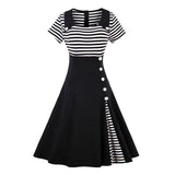 Plus Size Vintage Striped Summer Dress Women Button Retro A Line Black Dress