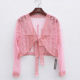 Summer Lace Bolero Coat Shrug Long Sleeve Short Thin Crochet Embroidery Striped Shawl Cardigan With Belt