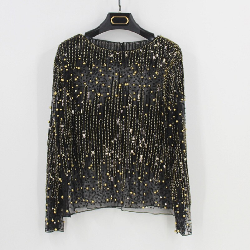 Runway Sexy Sequined Bead Sheer Mesh Lace Long Sleeve Shirt Vintage Diamonds Embroidery Embellished Blouse Top Women Tunic