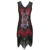 Women 1920s Vintage Art Deco Sequin Double V-Neck Tassels Bodycon Beaded Party Dress