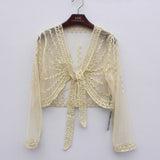 Summer Lace Bolero Coat Shrug Long Sleeve Short Thin Crochet Embroidery Striped Shawl Cardigan With Belt