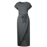6 Color Casual Round Neck Sashes Wrap Short Sleeve Belt Irregular Vintage Midi Dress