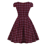 Burgundy Vintage Puff Sleeve Plaid Cotton Elegant Gingham Casual Women Dress