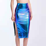 High Split Skinny Bling Laser Holographic Midi Night Party Club Pu Patchwork Skirt