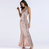 Shining Gold Sequin Maxi V-neck Chic Evening Party Mermaid Elegant Sleeveless Sequins Dress