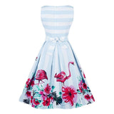 Flower and Flamingo Vintage Dress Women Floral Striped Elegant Pleated Rockabilly Dress