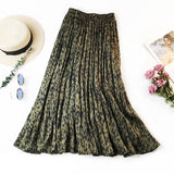 Leopard Print Pleated Midi Long Korean Elegant High Waist A-line Sun Skirt