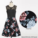 Black Floral Print Contrast Lace Sweetheart Sleeveless A Line Party Elegant Skater Vintage Dress