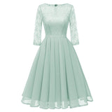 Pleated Chiffon Green Women Lace Dress Formal Autumn Elegant 3/4 Sleeve Vintage Dress