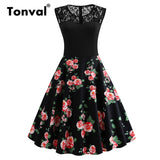 A Line Peony Flower Vintage Contrast Lace Elegant Summer Ladies Retro Party Black Dress