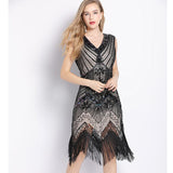 Women 1920s Vintage Art Deco Sequin Double V-Neck Tassels Bodycon Beaded Party Dress