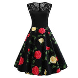 A Line Peony Flower Vintage Contrast Lace Elegant Summer Ladies Retro Party Black Dress