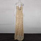 High Slit Gold Sequin Long Maxi Tassels V-neck Sexy Evening Party Spaghetti Strap Black Dress