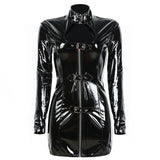 Hot New Women Gothic Long Sleeve Keyhole Bust PVC Latex Dress Black Front-Zip Faux Leather Wet Look Dress S-XXL