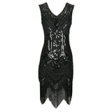 Women 1920s Vintage Art Deco Sequin Double V-Neck Tassels Bodycon Beaded Party Dress