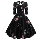 Black Elegant Bow Tie Floral Sweetheart Rockabilly Party Three Quarter Sleeve Autumn Backless Vintage Dress