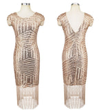 Midi Sequin Fringe Vintage Deco 1920s Flapper Dress Women Geometric Cap Sleeve Deep V Back Bodycon Party Dress