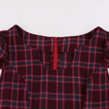 Burgundy Vintage Puff Sleeve Plaid Cotton Elegant Gingham Casual Women Dress