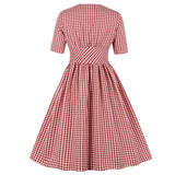 Retro High Waist Red Plaid Single Breasted Tunic Pleated Women V-Neck Half Sleeve Vintage Gingham Print Dress