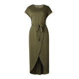 6 Color Casual Round Neck Sashes Wrap Short Sleeve Belt Irregular Vintage Midi Dress