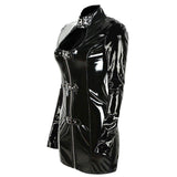 Hot New Women Gothic Long Sleeve Keyhole Bust PVC Latex Dress Black Front-Zip Faux Leather Wet Look Dress S-XXL