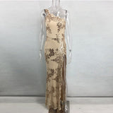 3 Color Embroidery Sequin One Shoulder Long Chic Maxi High Split Nightclub Party Dress