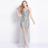 1920s Flapper Sheer Long Maxi Formal Party Dress Women Sleeveless V Back Vestido Grey Beaded Sequin Dress