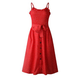 Ladies Print Sundress Strapless Ruffle Sashes Women Button Backless Summer Beach Dress