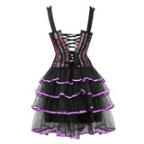 Women Victorian showgirl Gothic Corset Vest with Bubble Skirt Renaissance Brocade Lace Up Strap Purple Corset Top Dress Set