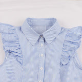 Vintage Blue Ruffle Sleeve Striped Summer Shirt Casual Turn-down Collar A Line Office Lady Dress