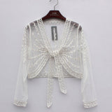 Summer Lace Bolero Coat Shrug Long Sleeve Short Thin Crochet Embroidery Striped Shawl Cardigan With Belt