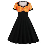 Orange and Black High Waist Vintage 1950s Pin Up Sweetheart Neckline Button Front Polka Dot Midi Dress