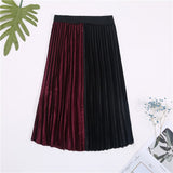 Velvet Pleated Women Casual High Waist Patchwork Pleated A Line Long Skirt