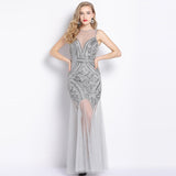 1920s Flapper Sheer Long Maxi Formal Party Dress Women Sleeveless V Back Vestido Grey Beaded Sequin Dress