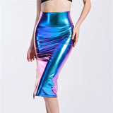 High Split Skinny Bling Laser Holographic Midi Night Party Club Pu Patchwork Skirt