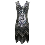 Women 1920s Vintage Art Deco Sequin Double V-Neck Tassels Bodycon Beaded Party Dress