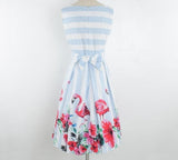 Flower and Flamingo Vintage Dress Women Floral Striped Elegant Pleated Rockabilly Dress