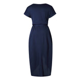 6 Color Casual Round Neck Sashes Wrap Short Sleeve Belt Irregular Vintage Midi Dress