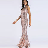 Shining Gold Sequin Maxi V-neck Chic Evening Party Mermaid Elegant Sleeveless Sequins Dress