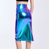 High Split Skinny Bling Laser Holographic Midi Night Party Club Pu Patchwork Skirt