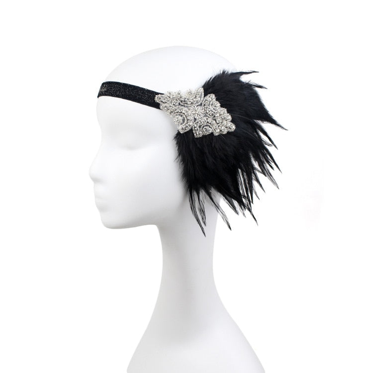 Black Rhinestone Beaded Sequin Hair Band 1920s Vintage Gatsby Party Headpiece Women Flapper Feather Headband