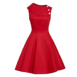 Red Turn-Down Collar Buttons Retro Sleeveless Pockets Elegant Cotton Solid Skater Vintage Dress