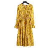 Women Long Sleeve Floral Print Midi Chiffon Casual Slim Party Lady Office Dress