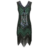 Women 1920s Vintage Art Deco Sequin Double V-Neck Tassels Bodycon Beaded Party Dress