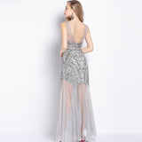 1920s Flapper Sheer Long Maxi Formal Party Dress Women Sleeveless V Back Vestido Grey Beaded Sequin Dress